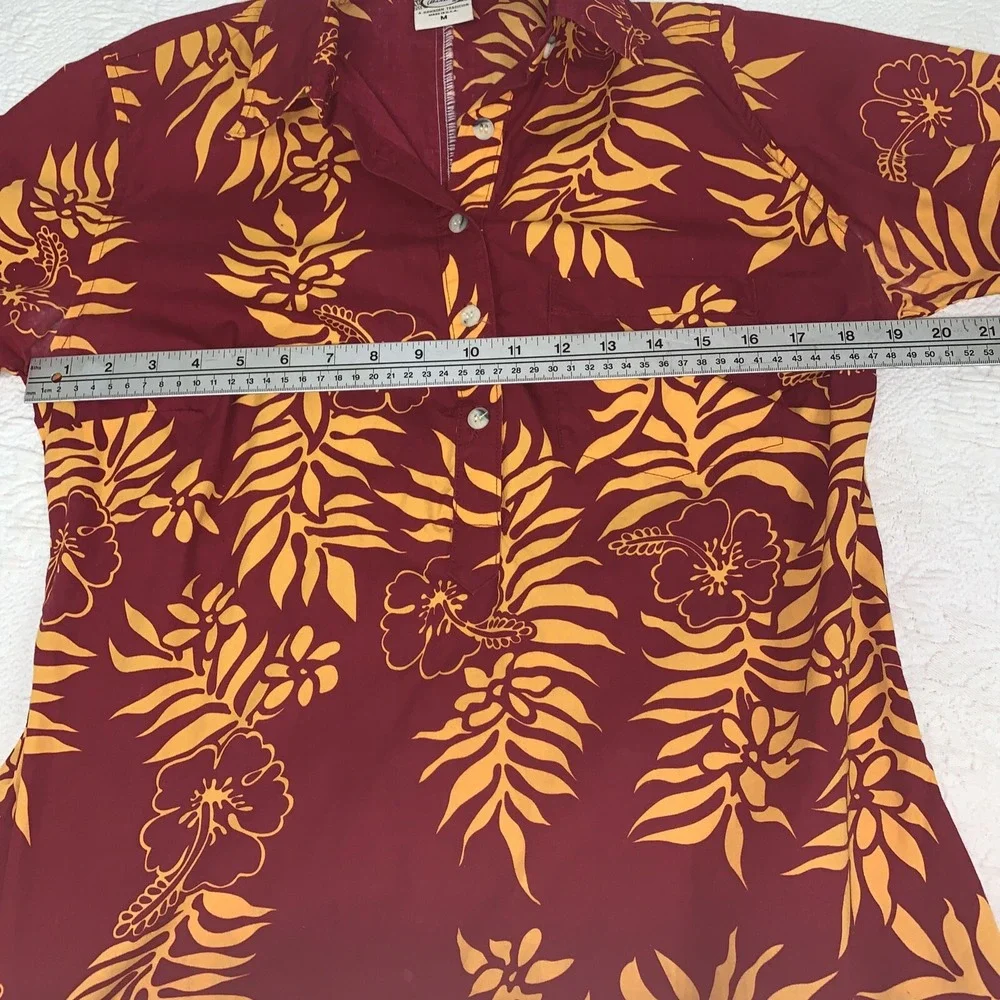 Go Barefoot Shirt Mens M Red Yellow Floral‎ Hawaiian USA Made Cardinal Gold